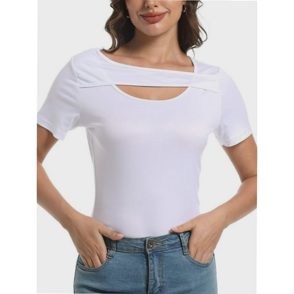 Women's Summer Short Sleeve T-Shirt - Slim Fit Scoop Neck Cutout Top for Date Night & Going Out