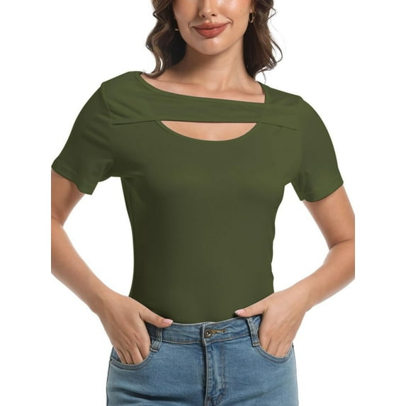 Womens Summer Short Sleeve T Shirts Slim Fit One Piece Cutout Scoop Neck Going Out Date Night Tops