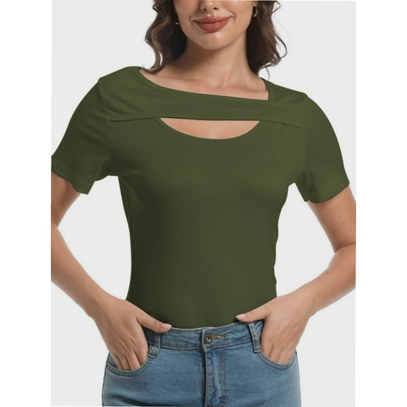 Women's Summer Short Sleeve T-Shirt - Slim Fit Scoop Neck Cutout Top for Date Night & Going Out