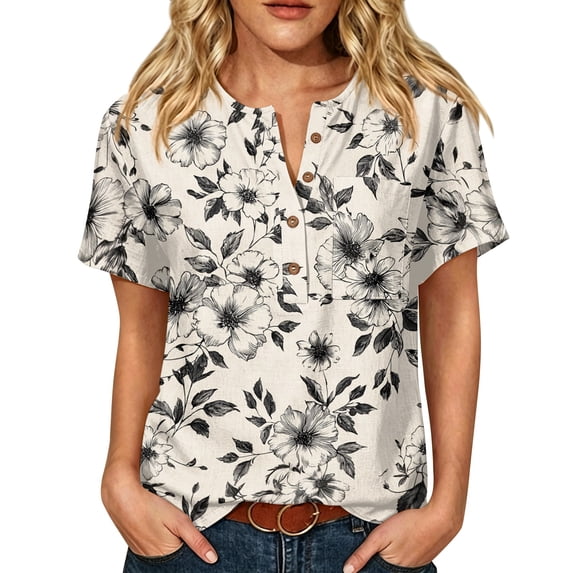 Womens Summer Short Sleeve Tops Basic Henley Neck Button Down Blouses Flowy Tunic Shirts Trendy Outfits with Pocket