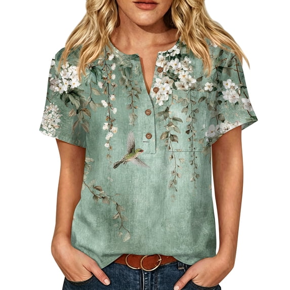 Womens Summer Short Sleeve Tops Basic Henley Neck Button Down Blouses Flowy Tunic Shirts Trendy Outfits with Pocket
