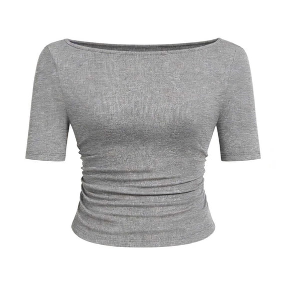 Womens Summer Short Sleeve Tops Bodycon Ruched Tunic Top Boat Neck Ribbed Knit Slim Fit T Shirt Casual Basic Top Going Out Tops 2026 Spring Summer Beach Vacation Clothes
