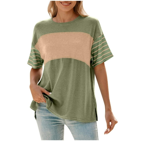 Womens Summer Short Sleeve Tops Oversized Trendy Round Crew Neck Casual Color Block Shirts Blouses Tunic