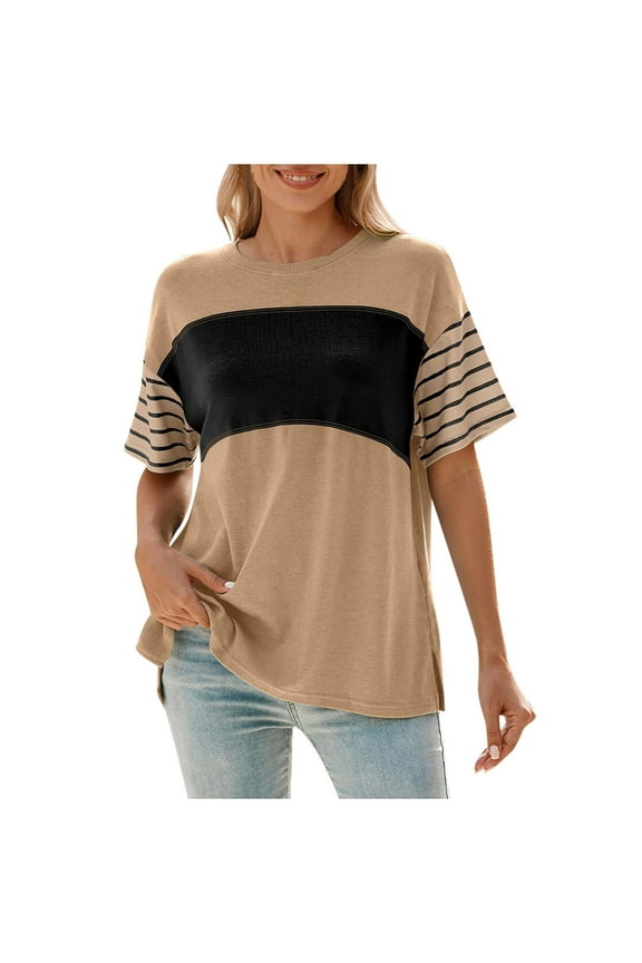 Womens Summer Short Sleeve Tops Oversized Trendy Round Crew Neck Casual Color Block Shirts Blouses Tunic