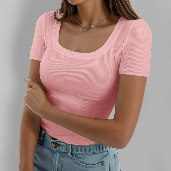 Womens Summer Short Sleeve Tops Square Neck Ribbed Slim Fitted Shirts Casual Tee Tshirt Turtle Neck Ladies and Shirts Women New Day Shirt Womens Athletic Tee Shirts Work Out Shirts Women Summer