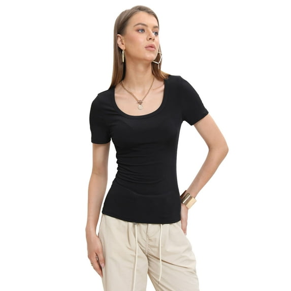 Womens Summer Short Sleeve Tops Square Neck Ribbed Slim Fitted Shirts Casual Tee Tshirt