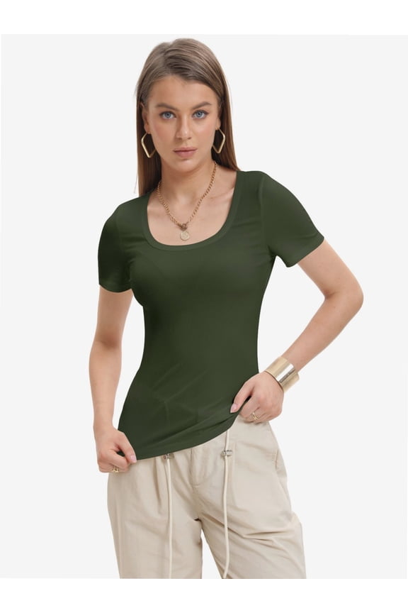 Womens Summer Short Sleeve Tops Square Neck Ribbed Slim Fitted Shirts Casual Tee Tshirt