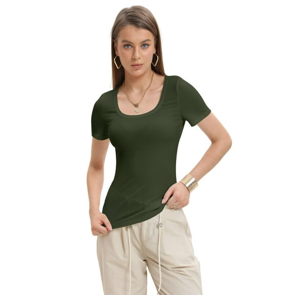 Womens Summer Short Sleeve Tops Square Neck Ribbed Slim Fitted Shirts Casual Tee Tshirt