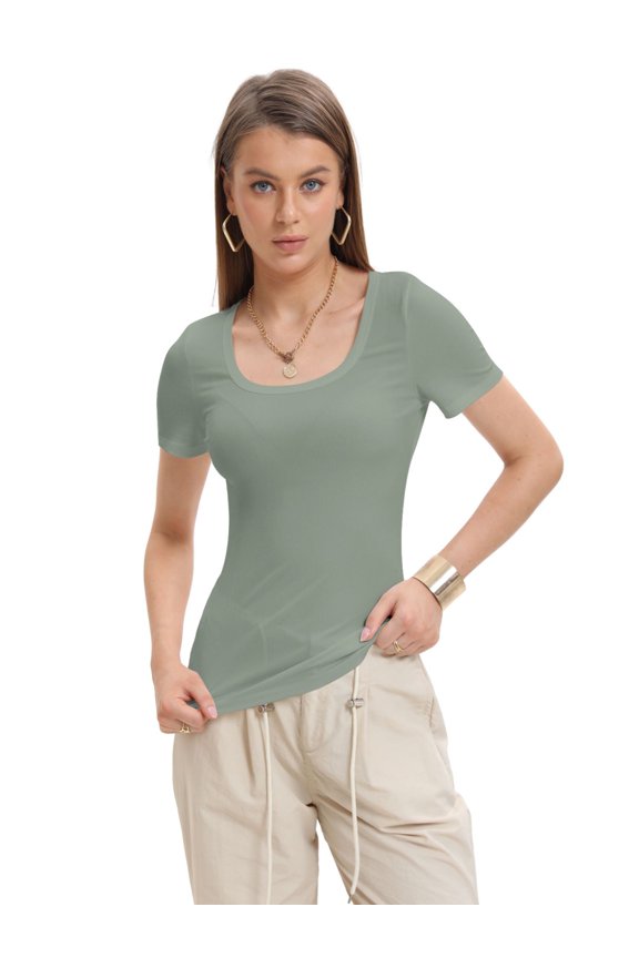 Womens Summer Short Sleeve Tops Square Neck Ribbed Slim Fitted Shirts Casual Tee Tshirt
