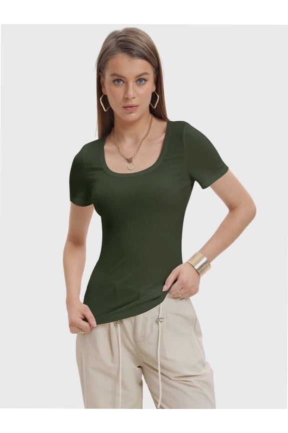 Womens Summer Short Sleeve Tops Square Neck Ribbed Slim Fitted Shirts Casual Tee Tshirt