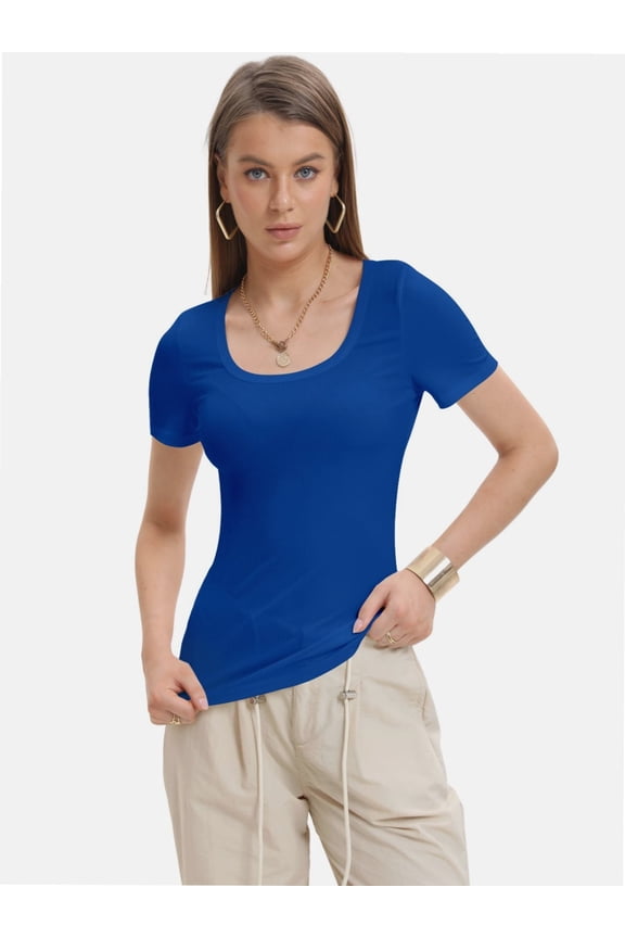 Women's Summer Short Sleeve T-Shirt - Square Neck, Ribbed, Slim Fit, Casual Tee Top