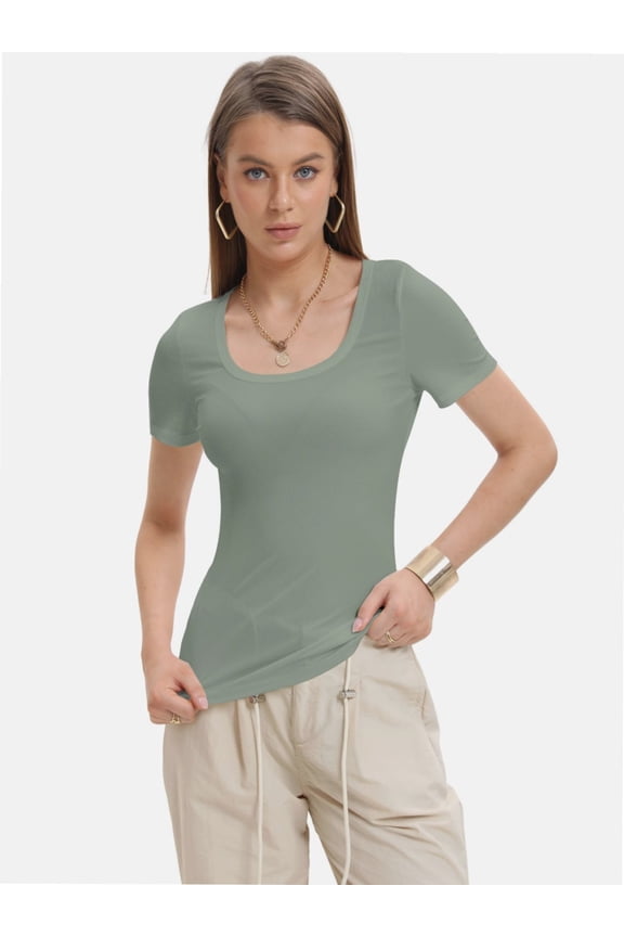 Women's Summer Short Sleeve T-Shirt - Square Neck, Ribbed, Slim Fit, Casual Tee Top