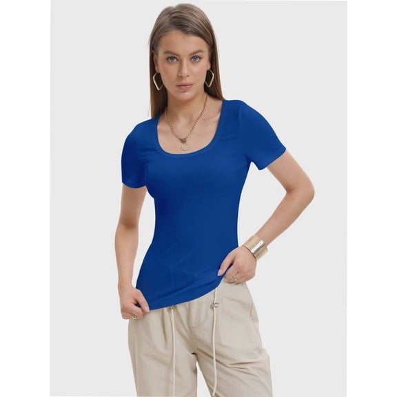 Womens Summer Short Sleeve Tops Square Neck Ribbed Slim Fitted Shirts Casual Tee Tshirt