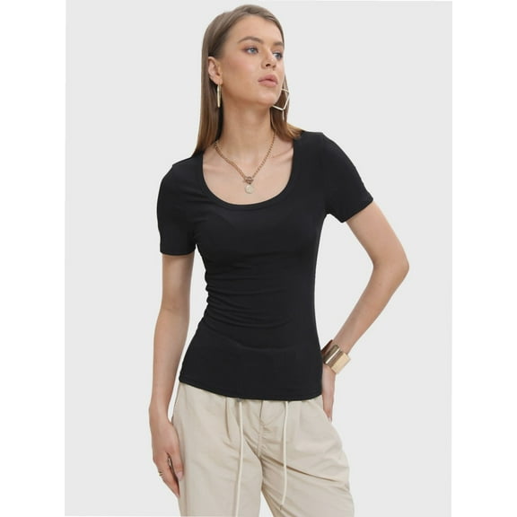 Womens Summer Short Sleeve Tops Square Neck Ribbed Slim Fitted Shirts Casual Tee Tshirt