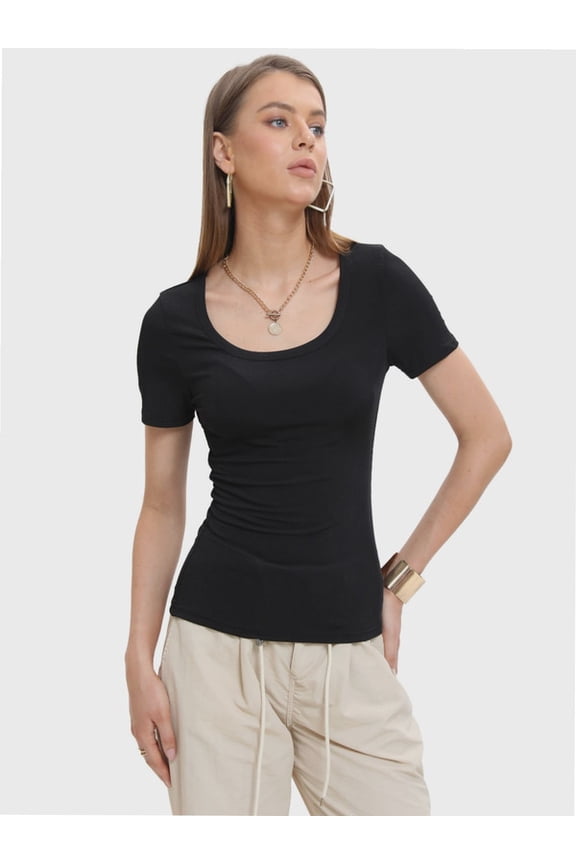 Womens Summer Short Sleeve Tops Square Neck Ribbed Slim Fitted Shirts Casual Tee Tshirt