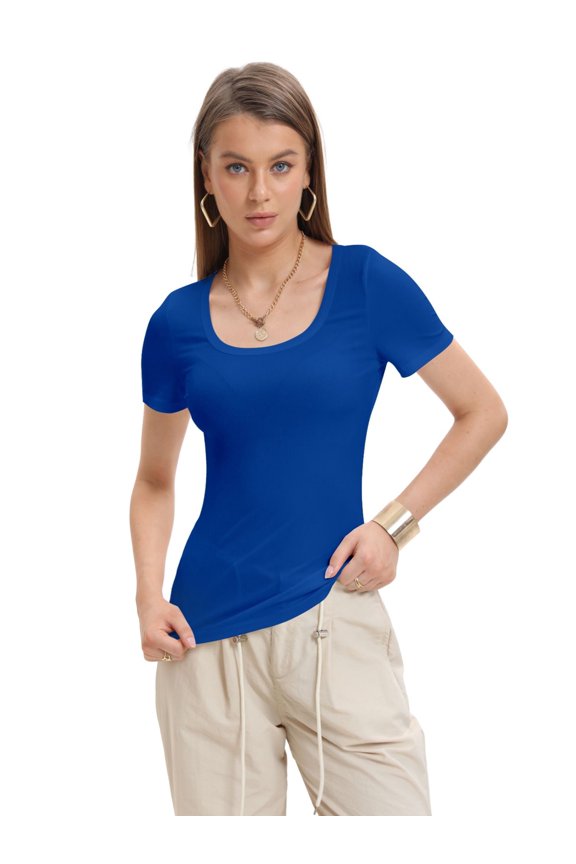 Womens Summer Short Sleeve Tops Square Neck Ribbed Slim Fitted Shirts Casual Tee Tshirt
