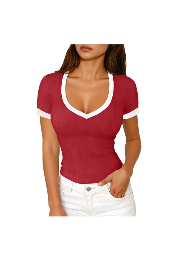 Womens Summer Short Sleeve Tshirt Ribbed Knit Color Block Deep V Neck Shirts Casual Slim Fit Basic Tee Tops