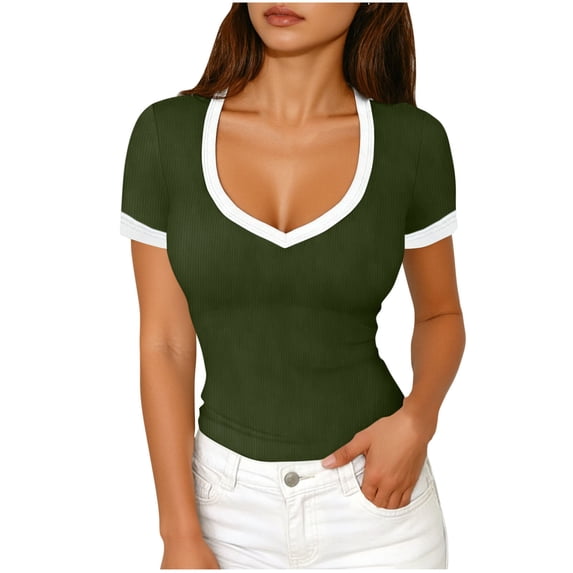 Womens Summer Short Sleeve Tshirt Ribbed Knit Color Block Deep V Neck Shirts Casual Slim Fit Basic Tee Tops