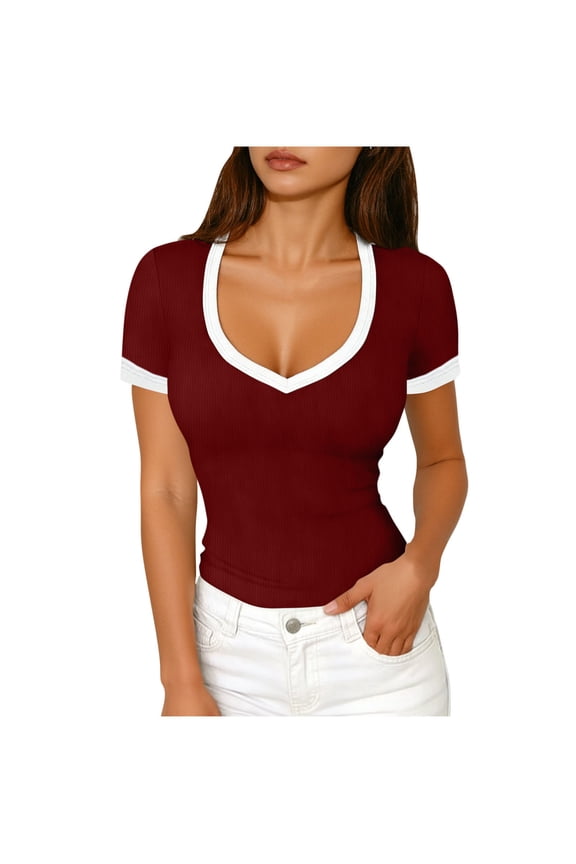 Womens Summer Short Sleeve Tshirt Ribbed Knit Color Block Deep V Neck Shirts Casual Slim Fit Basic Tee Tops