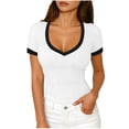 thumbnail image 1 of Womens Summer Short Sleeve Tshirt Ribbed Knit Color Block Deep V Neck Shirts Casual Slim Fit Basic Tee Tops, 1 of 5