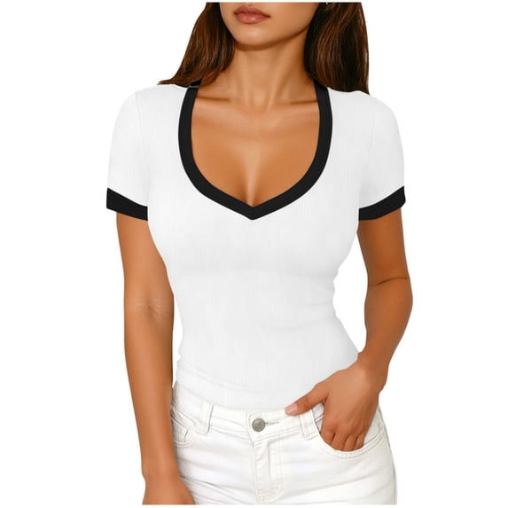 Womens Summer Short Sleeve Tshirt Ribbed Knit Color Block Deep V Neck Shirts Casual Slim Fit Basic Tee Tops