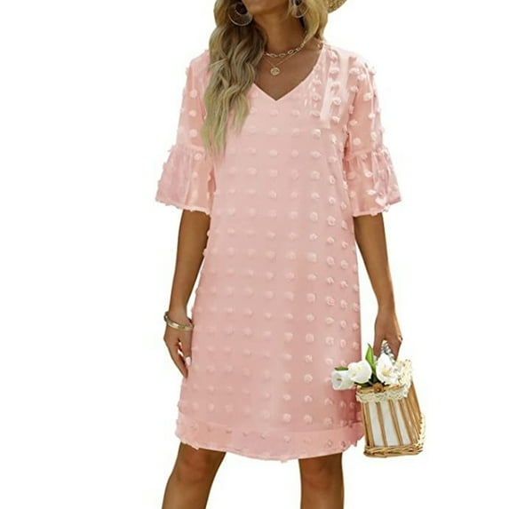 Womens Summer Short Sleeve V Neck Dress Chiffon Swiss Dot Flowy Short Dress-M