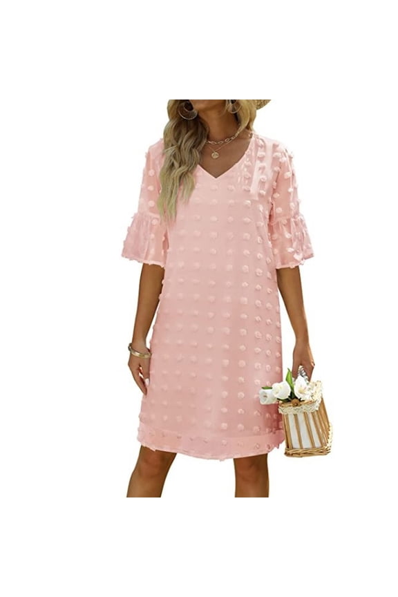 Womens Summer Short Sleeve V Neck Dress Chiffon Swiss Dot Flowy Short Dress-XL