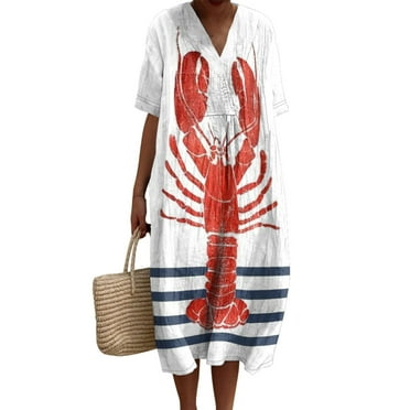 Womens Summer Short Sleeve V Neck Long Dress with Lobster Floral Graphics Printed Casual Loose Fit Robes with Pockets