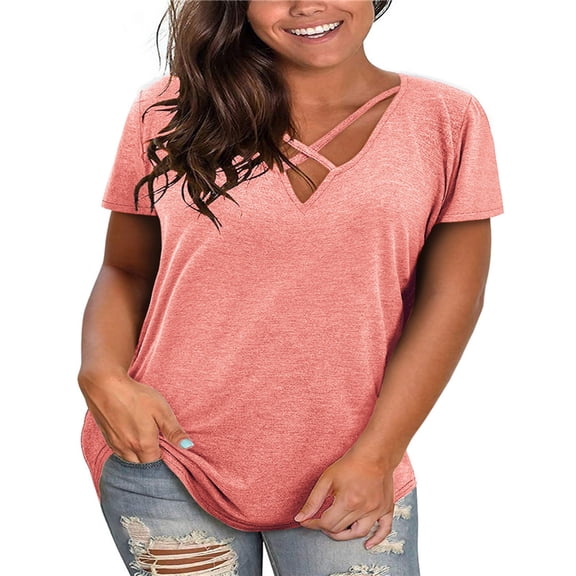 Womens Summer Short Sleeve V Neck T Shirts Casual Plus Size Tee