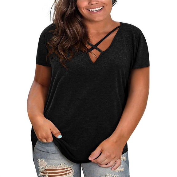Womens Summer Short Sleeve V Neck T Shirts Casual Plus Size Tee