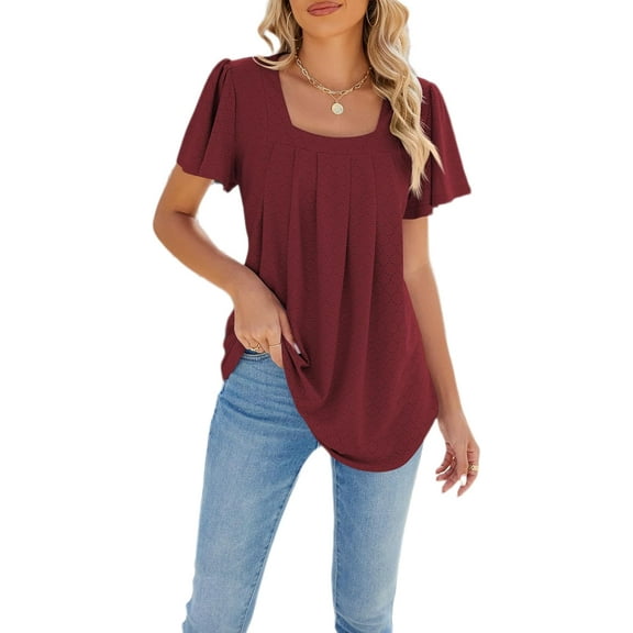 Womens Summer Short Sleeved Tops Square Neck Pleated Solid Loose T Shirt Fshion Casual Tops