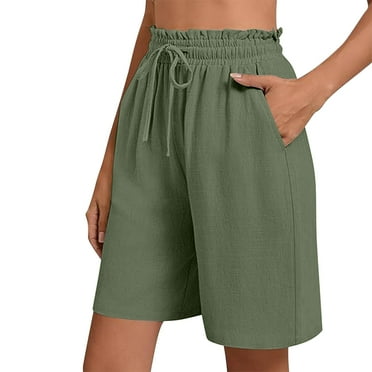 Womens Summer Shorts 2025 New Womens Shorts Casual and Versatile Wide Leg Medium Length High Waist Drawstring Shorts with Pockets Style B-11 Army Green S