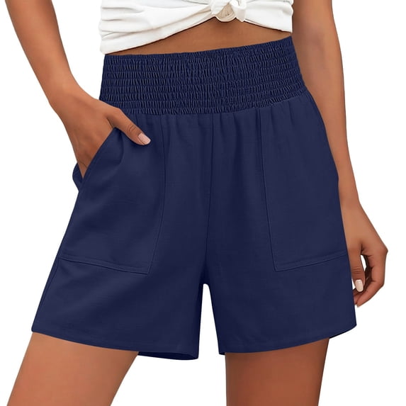 Womens Summer Shorts Casual Elastic High Waisted Bermuda Shorts Knee Length Loose Beach Shorts with Pockets (L, Navy)