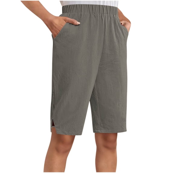 Womens Summer Shorts Casual Elastic Waisted Loose Straight Leg Linen Short with Pockets Split Hem Long Shorts (M, Gray)