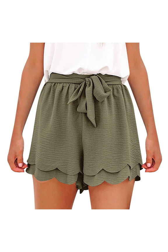 Womens Summer Shorts Casual Solid Color Elastic High Waist Ruffles Hem Flowy Short Pants Ladies Loose Beach Shorts