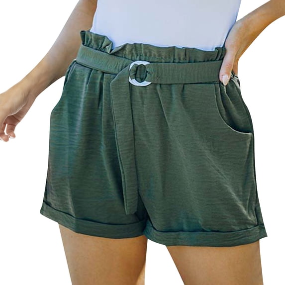 Women Summer Casual Shorts Belted Elastic Waist Loose Solid Short Pants Comfy Wide Leg Lounge Shorts with Pockets