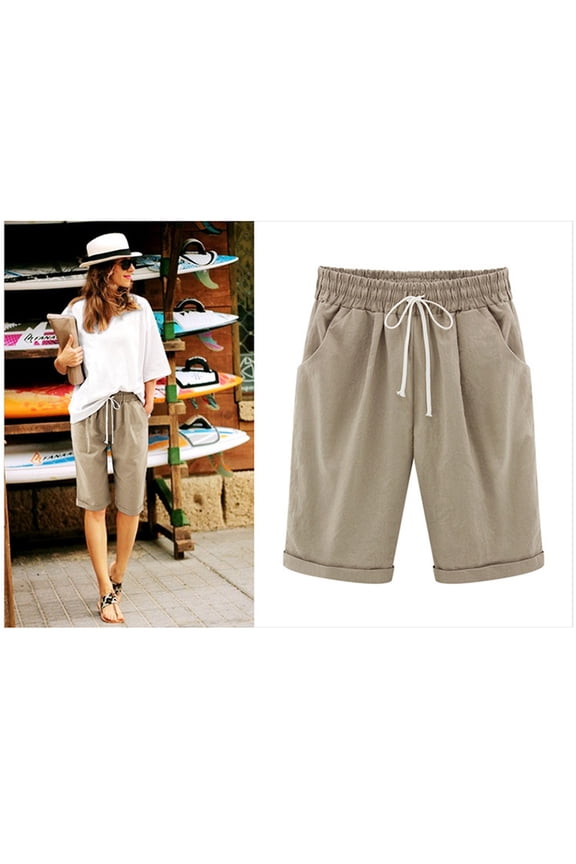 Womens Summer Shorts Womens Cotton Linen Pants Solid Five Points Plus Size Casual Pants Loose Fit Comfy Beach Lounge Shorts with Pockets