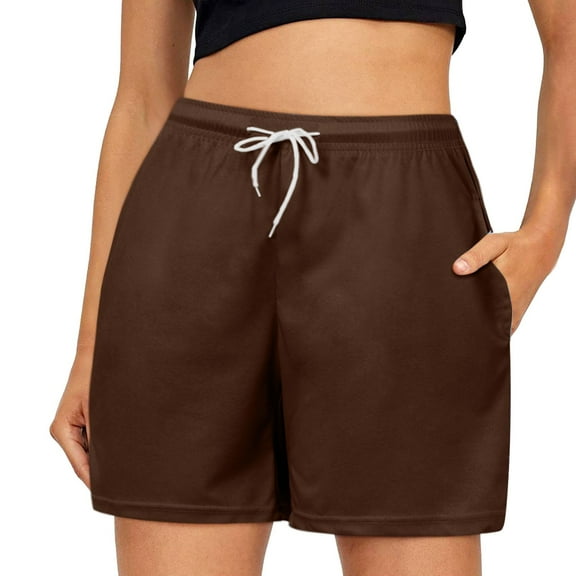 Womens Summer Shorts Drawstring Solid Color Elastic Waist Shorts with Pocket Summer Casual Pants Gym Shorts Women Brown L