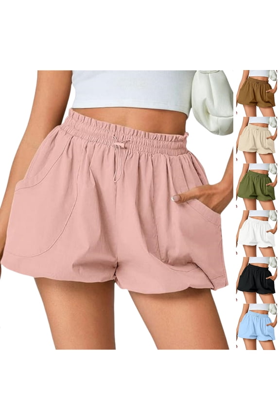 Womens Summer Shorts Elastic High Waist Ruched Bubble Shorts Loose Solid Beach Casual Vacation Shorts, M