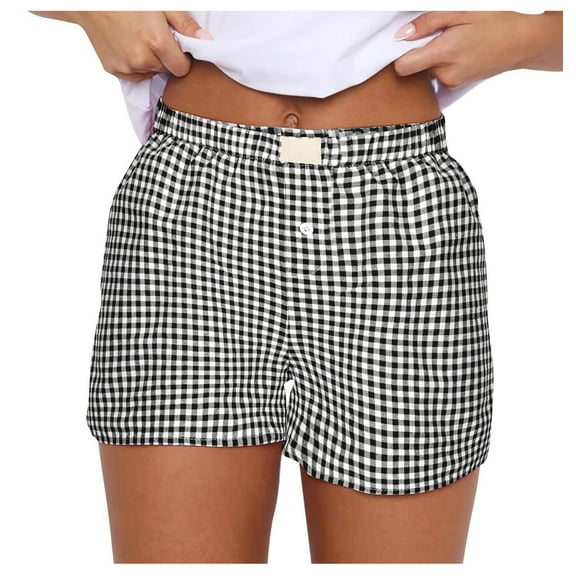 Womens Summer Shorts Summer Cute Soft Plaid Print Shorts Button Front Pajama Bottoms Shorts Sleepwear Women Pants Black L