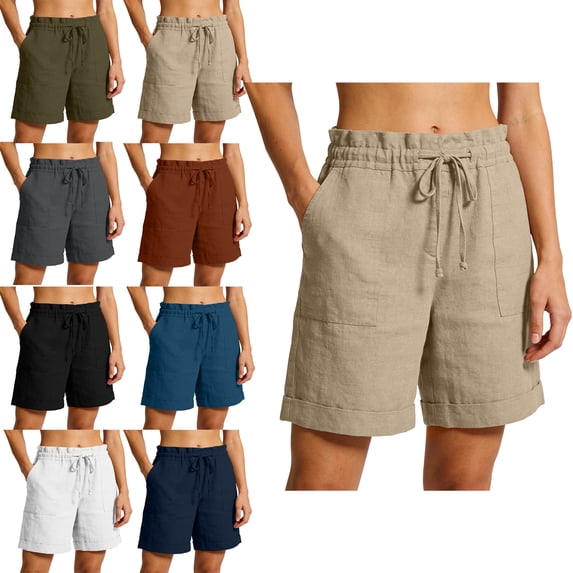 Womens Summer Shorts with Pockets 100% Cotton Casual Shorts Drawstring Waist Rolled Cuff Hem Beachwear