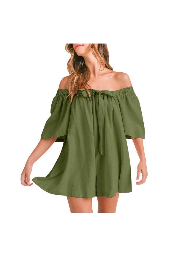 Womens Summer Off Shoulder Romper Half Sleeve Backless Tie Front Flowy Short Jumpsuit Beach Vacation Outfits, Limited Time Under 10 Dollars ###