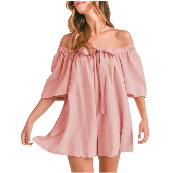 Womens Summer Off Shoulder Romper Half Sleeve Backless Tie Front Flowy Short Jumpsuit Beach Vacation Outfits, Limited Time Under 10 Dollars ###