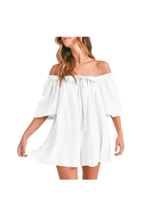 Womens Summer Off Shoulder Romper Half Sleeve Backless Tie Front Flowy Short Jumpsuit Beach Vacation Outfits, Limited Time Under 10 Dollars ###
