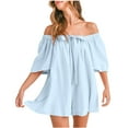 thumbnail image 1 of Womens Summer Off Shoulder Romper Half Sleeve Backless Tie Front Flowy Short Jumpsuit Beach Vacation Outfits, Limited Time Under 10 Dollars ###, 1 of 6
