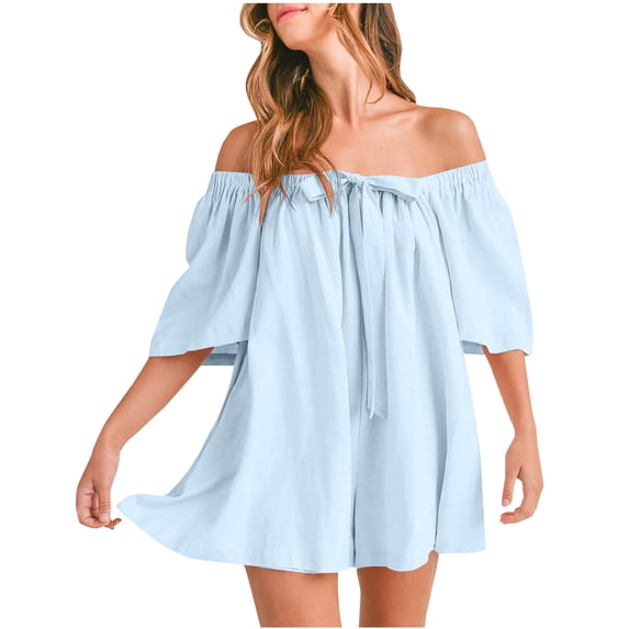 Womens Summer Off Shoulder Romper Half Sleeve Backless Tie Front Flowy Short Jumpsuit Beach Vacation Outfits, Limited Time Under 10 Dollars ###