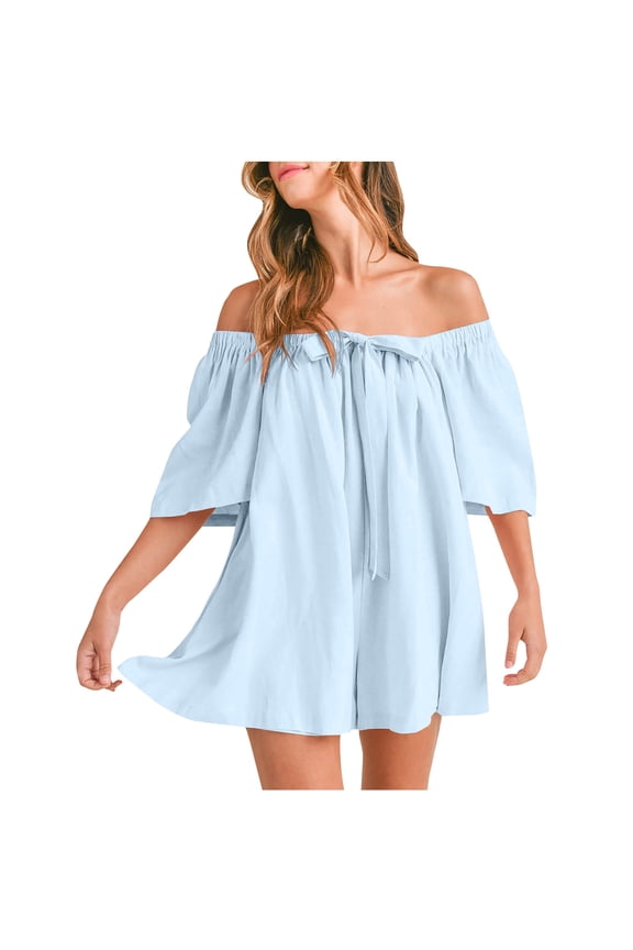 Womens Summer Off Shoulder Romper Half Sleeve Backless Tie Front Flowy Short Jumpsuit Beach Vacation Outfits, Limited Time Under 10 Dollars ###