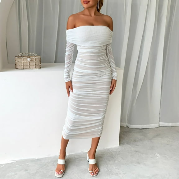 Womens Summer Off The Shoulder Ruched Bodycon Dresses Sleeveless Fitted Party Club Midi Length Fall Dresses for Women plus Dresses for Women Long Womens Formal Dresses Short Short Fall Dinner Gown for
