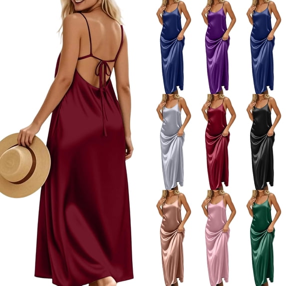 Womens Summer Silk Satin Spaghetti Strap Cowl Neck Backless Midi Dresses Elegant Tie Low Back Ruched Cocktail Dress Wine