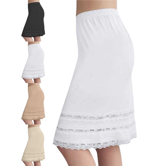 Womens Summer Skirt Lace Trim Half Slip Elastic Waist Knee-Length Underskirt